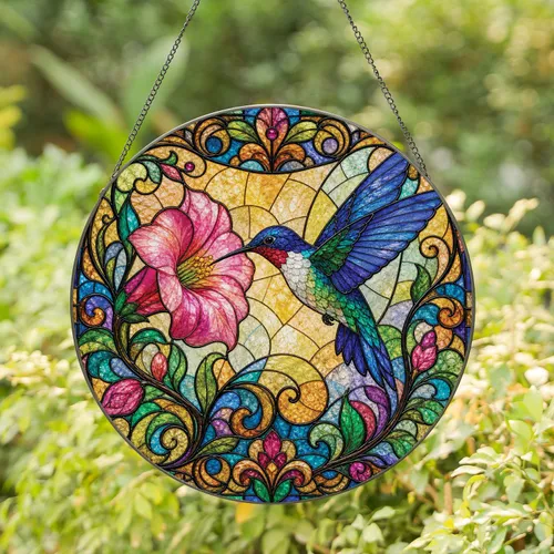 Hummingbird Stained Glass Window Gift for Sister, Bird Lover Home Decor Wall Art Piece Stained Glass Suncatcher