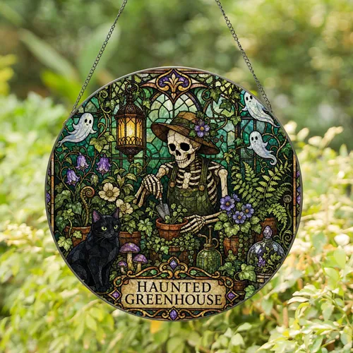 Haunted Greenhouse Skeleton Cat Gothic Halloween Window Decor for Witchy Home Fans Stained Glass Suncatcher