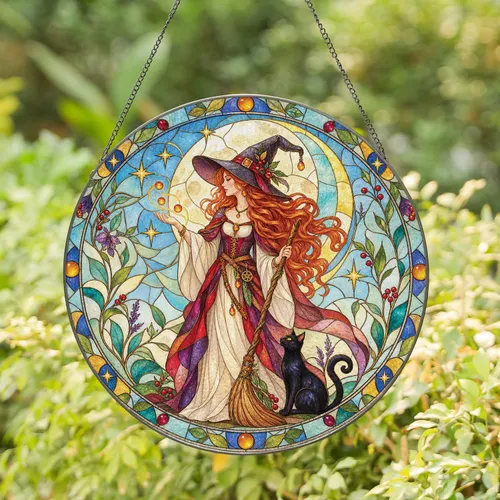 Witch And Black Cat Under A Crescent Moon For Halloween Witchy Home Decor Lovers Stained Glass Suncatcher