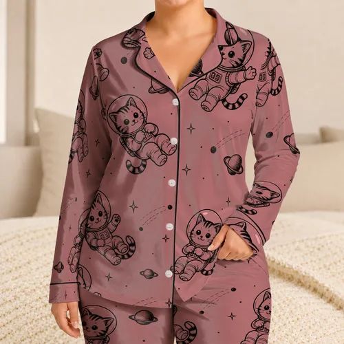 Whimsical Space Cat Astronauts For Cozy Bedtime, Lounging And Relaxing Nights For Women Satin Pajamas Set