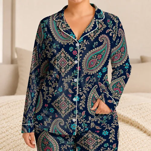 Bohemian Paisley Floral Midnight Navy Sleepwear For Relaxing Nights And Travel Home Satin Pajamas Set