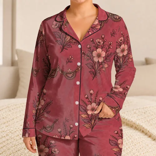 Vintage Boho Wildflower Rose Botanical Motifs for Cozy Relaxed At-Home Weekend Evenings Satin Pajamas Set