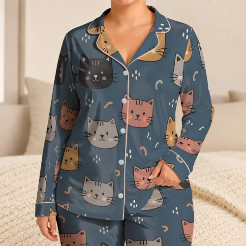 Cozy Colorful Cat Faces For Bedtime Relaxation And Lazy Weekend Lounging For Women Satin Pajamas Set