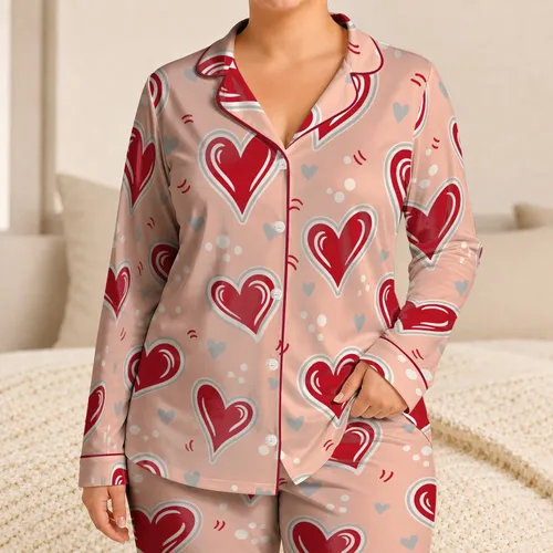 Cherry Red Hearts for Valentine's Day Sleepwear and Cozy At Home Lounging for Women Satin Pajamas Set