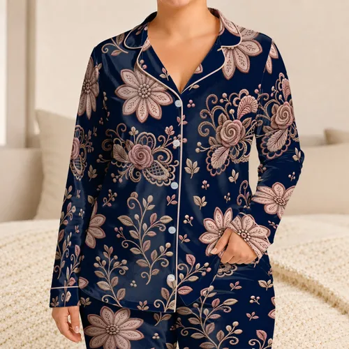 Midnight Navy Embroidered Wildflower Motifs for Cozy Bedtime Vintage Floral Lovers Satin Pajamas Set