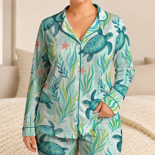 Watercolor Sea Turtle Kelp And Starfish Ocean Motifs For Tropical Vacation Women Satin Pajamas Set