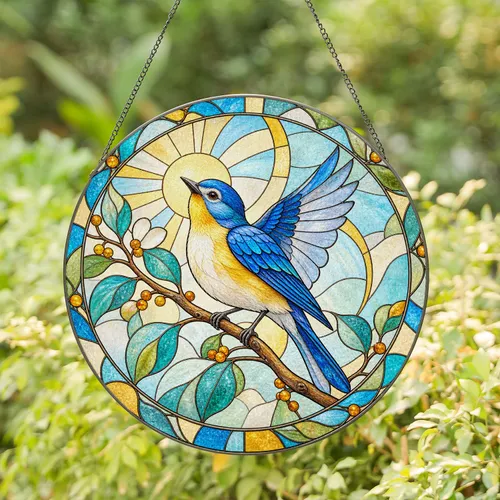 Blue Yellow Finch Garden Accent for Spring Patio Decor and Mother’s Day Home Gifting Stained Glass Suncatcher
