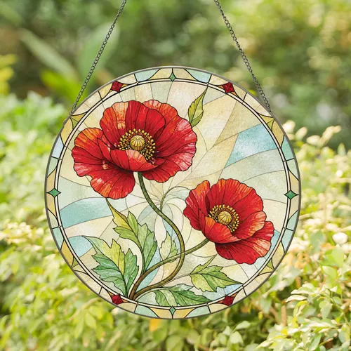 Red Poppy Floral Gift for Romantic Home Decor and Mother's Day Housewarming Celebrations Stained Glass Suncatcher