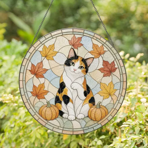 Charming Calico Cat with Autumn Pumpkins Cozy Fall Scene for Thanksgiving Decor Stained Glass Suncatcher