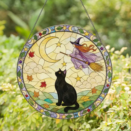 Black Cat Witch Under Crescent Moon For Halloween Home Decor And Cozy Autumn Nights Stained Glass Suncatcher