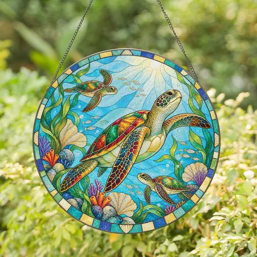Three Sea Turtles Reef Scene for Coastal Home Decor and Ocean Lover Gift Giving Stained Glass Suncatcher