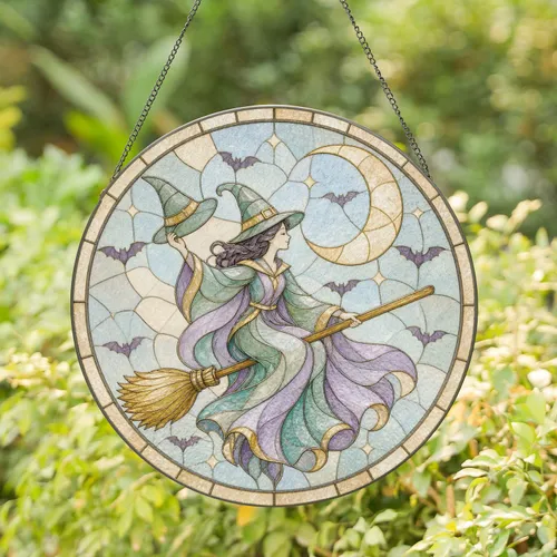 Whimsical Witch On Broom With Crescent Moon Funny Halloween Decor Stained Glass Suncatcher