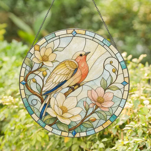 Red-Breasted Bird and Wildflowers for Grandma Mother’s Day Garden Window Decor Gift Stained Glass Suncatcher
