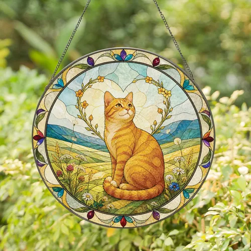 Orange Cat Meadow Memorial Gift for Cat Moms, Nature Lovers, and Loving Families at Home Stained Glass Suncatcher