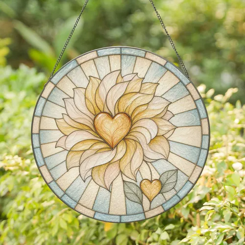 Golden Sunflower Heart Memorial Sunshine Remembrance Comfort Window Hanging Art Stained Glass Suncatcher