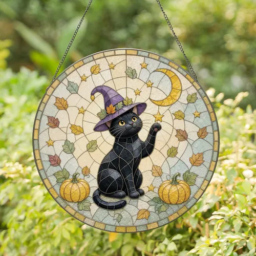 Black Cat Witch Hat Crescent Moon Pumpkins Autumn Fall Decor Stained Glass Suncatcher
