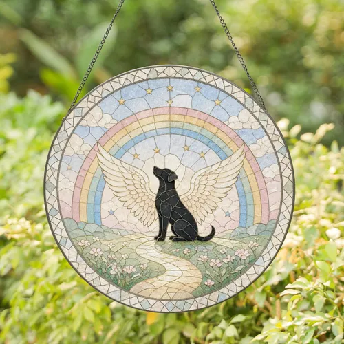 Heartfelt Winged Dog On Rainbow Bridge Memorial For Pet Loss And Remembrance Stained Glass Suncatcher