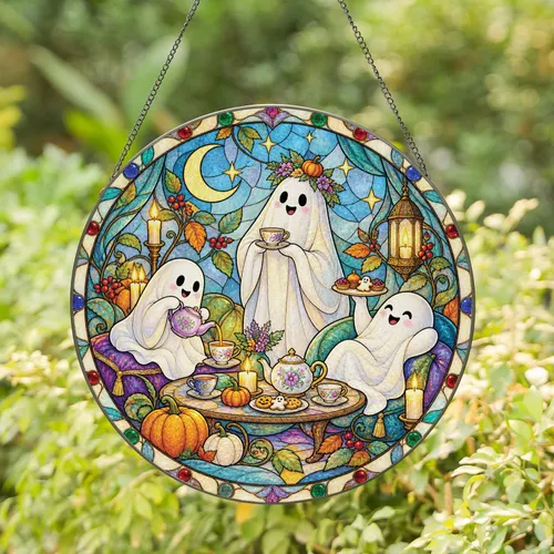 Ghost Tea Party with Pumpkins for Halloween Home Decor and Cozy Autumn Gatherings Stained Glass Suncatcher