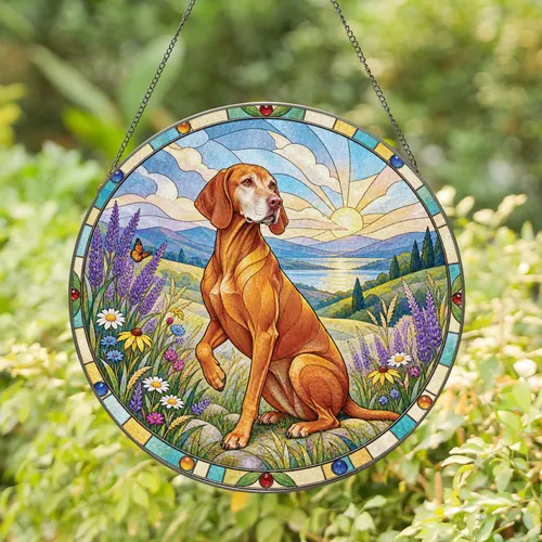 Vizsla Dog in Wildflower Meadow for Pet Memorial Keepsake Gift, Dog Lover Home Decor Stained Glass Suncatcher