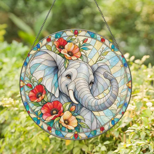 Elephant Floral Mother's Day Gift for Nature Lovers and Peaceful Bohemian Home Decor Stained Glass Suncatcher