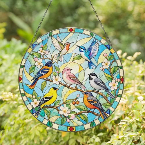 Colorful Seven Bird Circle for Cottage Decor, Garden Rooms, and Nature Lover Gifts Stained Glass Suncatcher