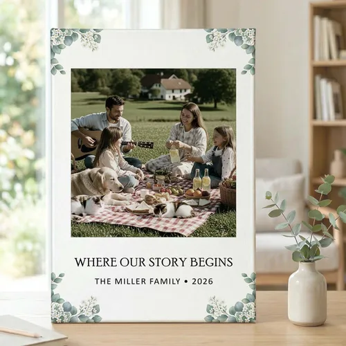 Personalized Family Photo Canvas Print – Custom Name & Year Greenery Wall Art for Mom Dad, Home Gift