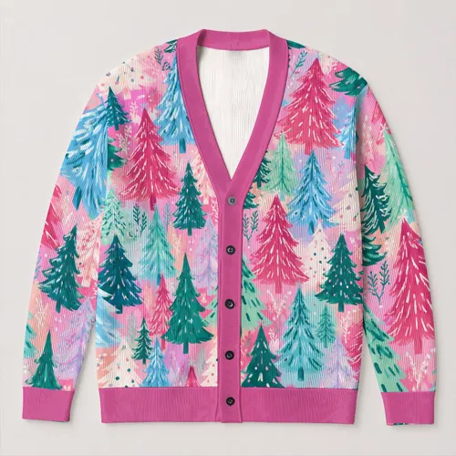 Pastel Christmas Tree Forest for Cozy Holiday Outings and Winter Layering for Women All-over Print Knitted Cardigan
