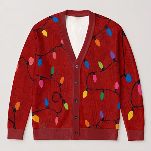 Colorful Holiday String Lights on Deep Red Background for Festive Winter Layering All-over Print Knitted Cardigan