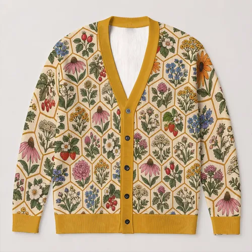 Botanical Honeycomb Flowers And Berries For Relaxed Everyday Layering In Women’s Style All-over Print Knitted Cardigan
