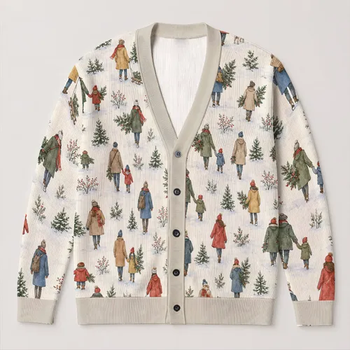 Watercolor Winter Walkers With Evergreen Branches For Cozy Everyday Layering Women All-over Print Knitted Cardigan