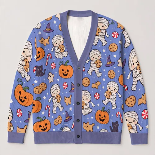 Cute Halloween Mummies And Pumpkins For Cozy Autumn Gatherings, Women's Seasonal Style All-over Print Knitted Cardigan