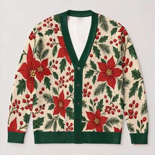 Red Holly Berry Floral Motif for Festive Layering and Winter Gatherings for Women All-over Print Knitted Cardigan