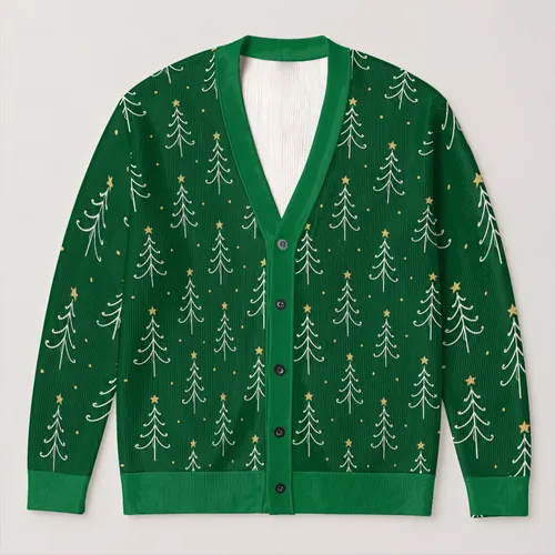 Emerald Christmas Trees and Gold Stars for Holiday Gatherings and Cozy Winter Layering All-over Print Knitted Cardigan