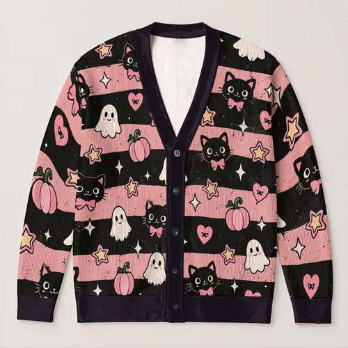 Cute Halloween Cats, Pumpkins and Ghosts for Cozy Fall Layering, Women and Teens All-over Print Knitted Cardigan