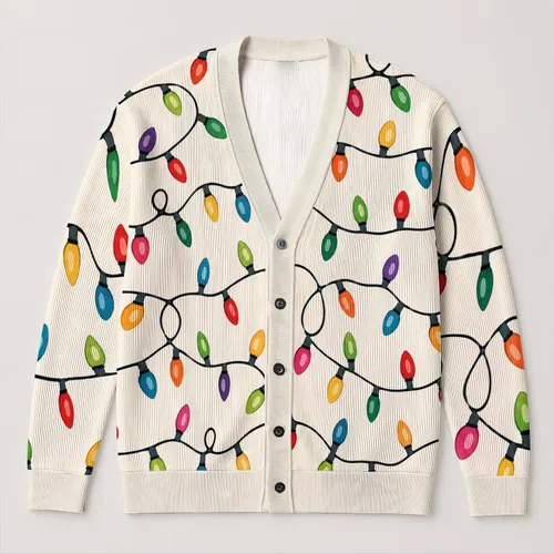 Colorful String Lights for Festive Layering and Cozy Everyday Holiday Style for Women All-over Print Knitted Cardigan