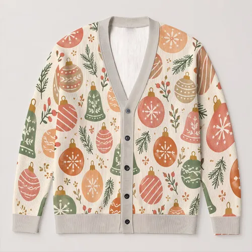 Pastel Christmas Ornaments for Festive Winter Layering, Cozy Women's Holiday Style All-over Print Knitted Cardigan