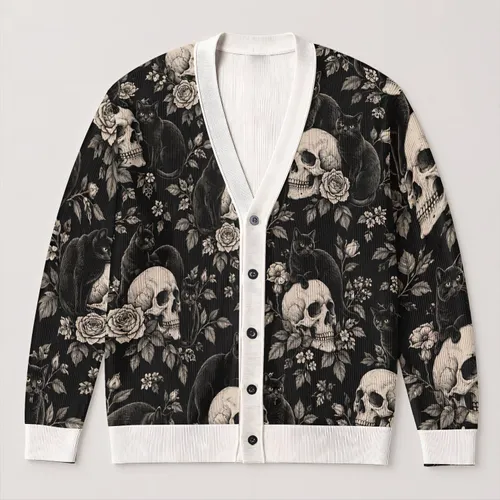 Skull Black Cat Halloween Gothic Style for Casual Layering and Night Out Fashion All-over Print Knitted Cardigan