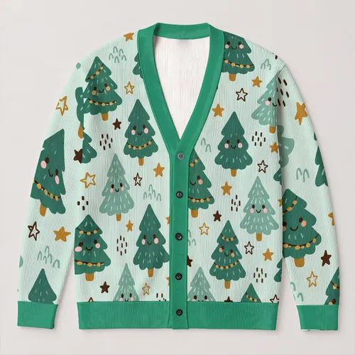 Cute Evergreen Trees And Stars For Cozy Holiday Gatherings And Festive Winter Layering All-over Print Knitted Cardigan