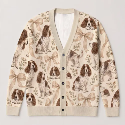 Speckled Spaniel Dogs With Ribbon Bows For Cozy Everyday Pet Lover Style, Women All-over Print Knitted Cardigan