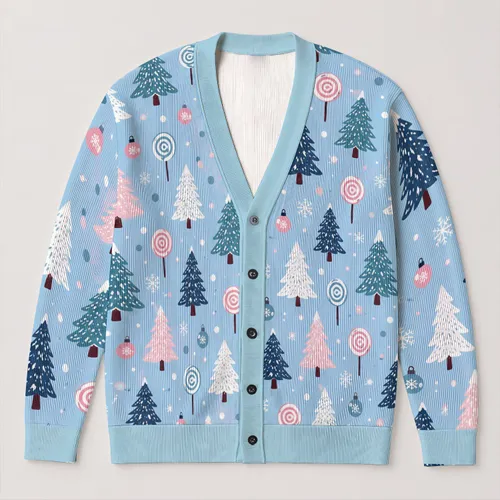 Blue Christmas Tree Lollipops for Festive Winter Layering and Cheerful Women's Style All-over Print Knitted Cardigan