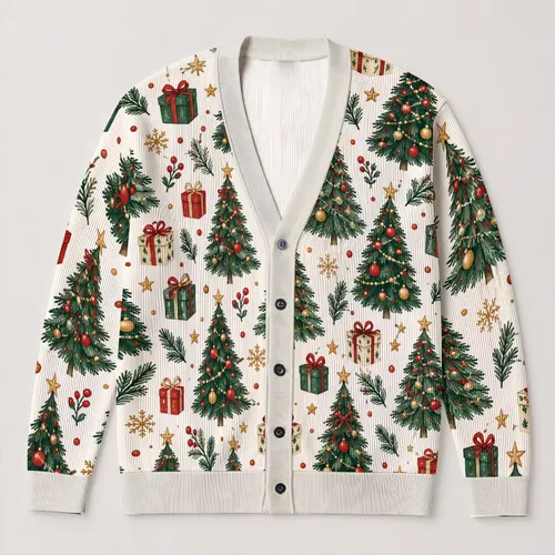 Christmas Trees and Gift Boxes for Festive Holiday Outings, Women's Winter Layering All-over Print Knitted Cardigan