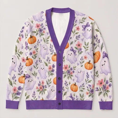 Cute Purple Ghost Pumpkin Floral Fall Layering Gift For Women Halloween Lovers Cozy Days All-over Print Knitted Cardigan