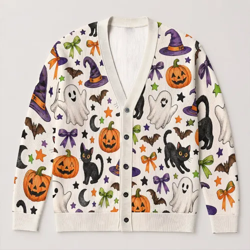 Halloween Ghost Cat Pumpkin Witches Theme for Festive Everyday Layering for Women All-over Print Knitted Cardigan