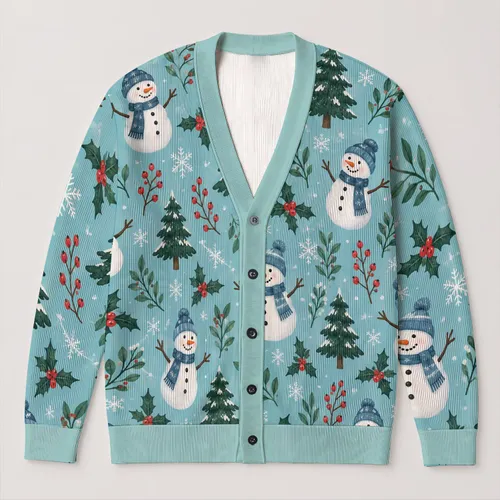 Snowmen, Pine Trees and Holly for Cozy Holiday Layering at Festive Gatherings for Women All-over Print Knitted Cardigan
