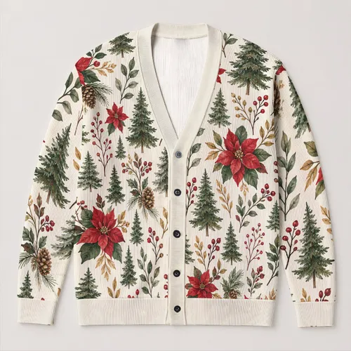 Winter Woodland Trees And Red Florals For Cozy Holiday Layering And Everyday Weekend Wear All-over Print Knitted Cardigan