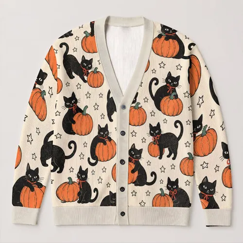 Black Cat Pumpkin Halloween Motifs for Cozy Autumn Layering, Women’s Seasonal Style All-over Print Knitted Cardigan