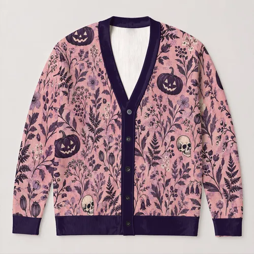 Skull Pumpkin Botanical Motifs For Halloween And Fall Layering, Gothic Boho Women All-over Print Knitted Cardigan