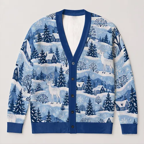 White Reindeer Snowy Village Scene for Cozy Winter Outings and Women's Layering All-over Print Knitted Cardigan