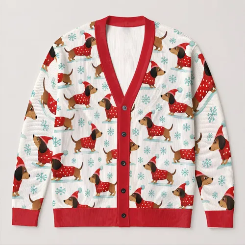 Festive Dachshund Dogs in Santa Sweaters for Holiday Travel and Cozy Winter Days All-over Print Knitted Cardigan