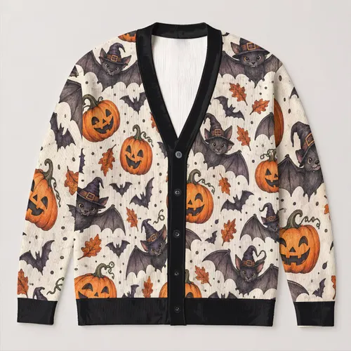 Bat And Pumpkin Halloween Style For Festive Autumn Layering And Cozy October Outings All-over Print Knitted Cardigan